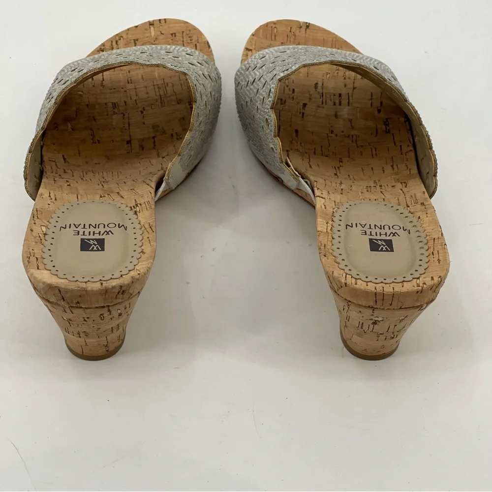 WHITE MOUNTAIN OPEN BACK WOMENS WEDGE. SILVER STRAP. SIZE 8.5M